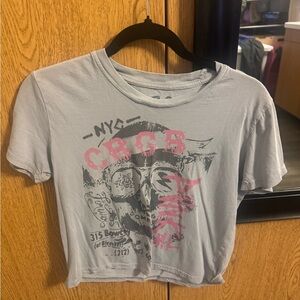 Gray Graphic Cropped Tee with Pink Accents